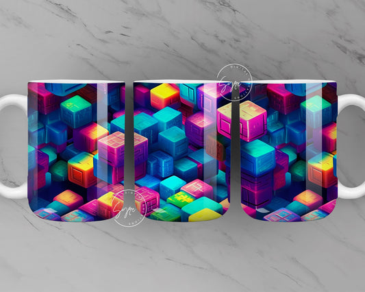 3D Blocks, Rainbow Colors Cube, 3D Geometric Pattern, 11 & 15 Oz Mug