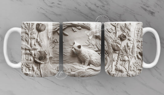 3D Cat Mug, White Floral Mug Wrap, Cat Mug Design, 3D Flower Mug, 3D Mural Mug, 11 & 15 Oz Mug Sublimation Wrap, Digital Download