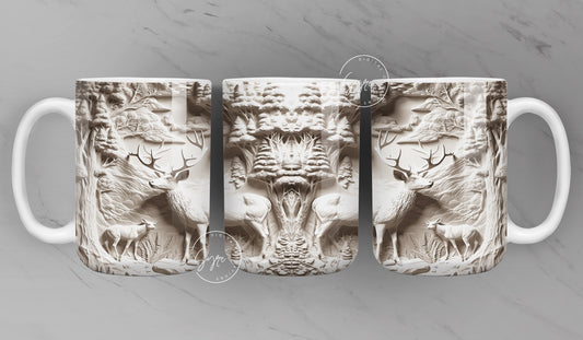 3D Elk Mug, White Deer Mug Wrap, Deer Mug Design, 3D Forest Mug, 3D Mural Mug, 11 & 15 Oz Mug Sublimation Wrap, Digital Download