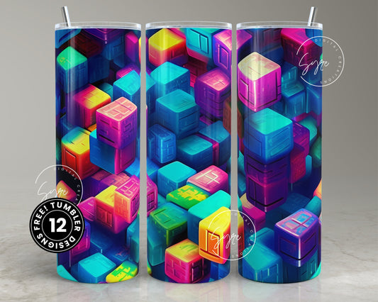 3D Blocks Tumbler, Rainbow Colors Cube, 3D Geometric Patterns Tumbler, 20 oz Skinny Tumbler Sublimation, Creative Patterns, Digital