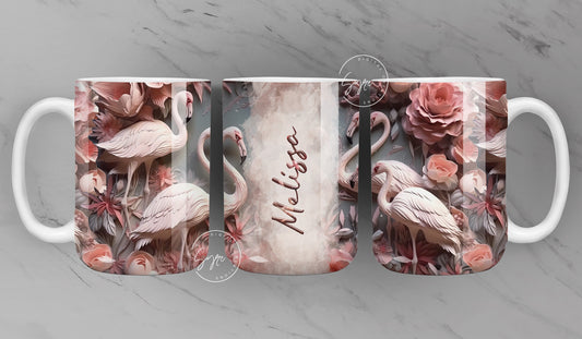 3D Flamingo Mug, Pink Floral Mug Wrap, Add Your Own Text, 3D Flower Mug, 3D Mural Mug, 11 & 15 Oz Mug Sublimation Wrap, Digital Download
