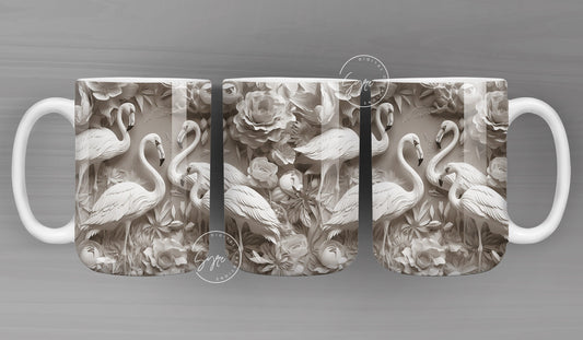 3D Flamingo Mug, White Floral Mug Wrap, Flamingo Mug Design, 3D Flower Mug, 3D Mural Mug, 11 & 15 Oz Mug Sublimation Wrap, Digital Download