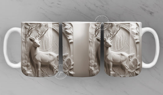 3D Deer Mug, White Floral Mug Wrap, Deer Mug Design, 3D Flower Mug, 3D Mural Mug, 11 & 15 Oz Mug Sublimation Wrap, Digital Download