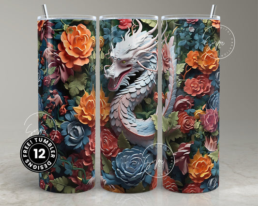 3D Dragon Tumbler, Floral Tumbler Wrap, 20oz Skinny Tumbler Sublimation, Spring Tumbler, Plaster Wall Art, Flower Rose Tumbler, Digital File