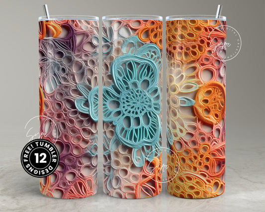 3D Abstract Art Tumbler Design, 20oz Skinny Tumbler Wrap, Colorful Boho Art Seamless Tumbler Wrap, Flower Embroidery Style, Digital Download