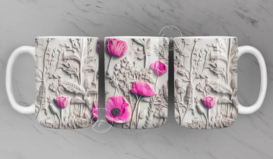 3D Flower Mug, 3D Floral Mug, Wedding Mug Design, Floral Mug PNG, 3D Mural Mug, 11 & 15 Oz Mug Sublimation Wrap, Digital Download