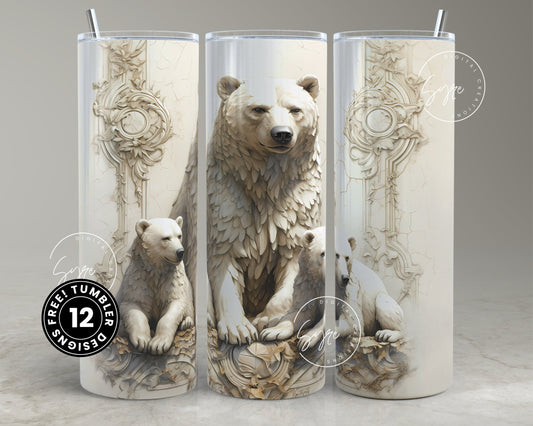 3D Bear Tumbler, White Bear Tumbler, 20oz Skinny Tumbler Sublimation, Mama Bear With Cubs, Mural Art, Seamless Sublimation, Digital Download
