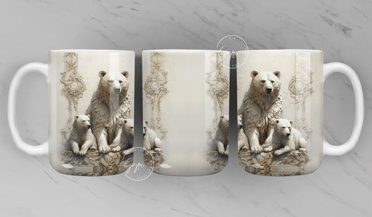3D Bear Mug, White Bear Mug, Mama Bear With Cubs, Fathers Day Gifts, Gift for Him, 11 & 15 Oz Mug Press Sublimation, Digital Download