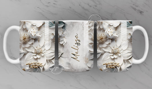 3D Flower Mug, Add Your Own Text, White Floral Mug, Wedding Mug Design, 3D Mural Mug, 11 & 15 Oz Mug Sublimation Wrap, Digital