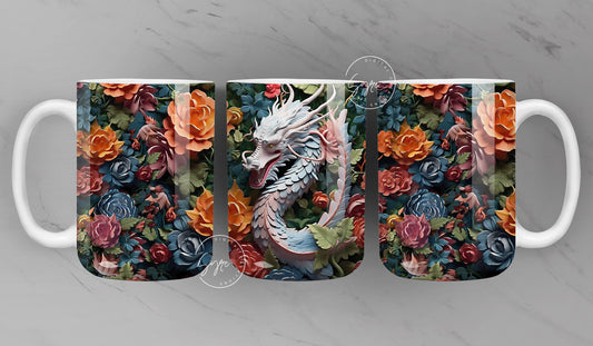 3D Dragon Mug, 3D Floral Mug Wrap, Rose Mug Design, 3D Flower Mug, 3D Sculpture Mug, 11 & 15 Oz Mug Sublimation Wrap, Digital Download