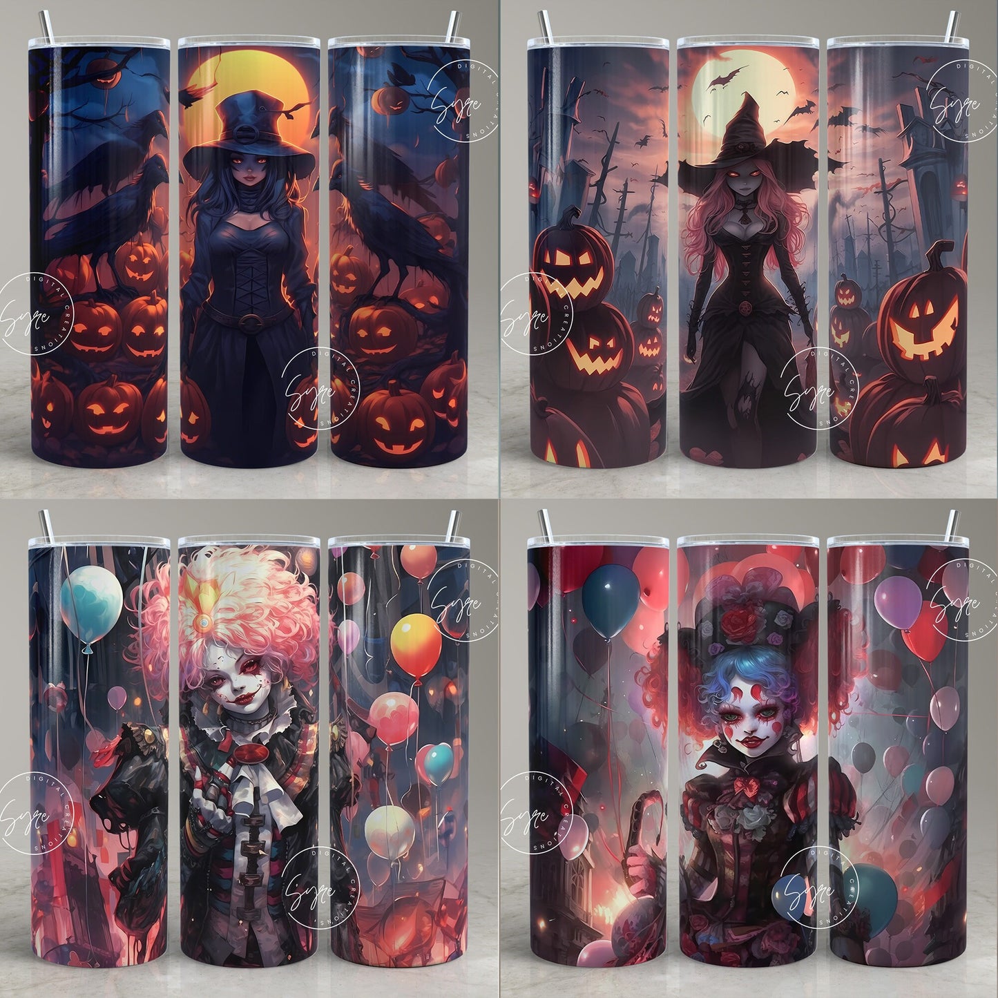 24 Halloween Tumbler Wrap Bundle, 20 oz Skinny Tumbler Designs, Seamless Sublimation Design PNG, Clown, Spooky, Creepy, Digital Download