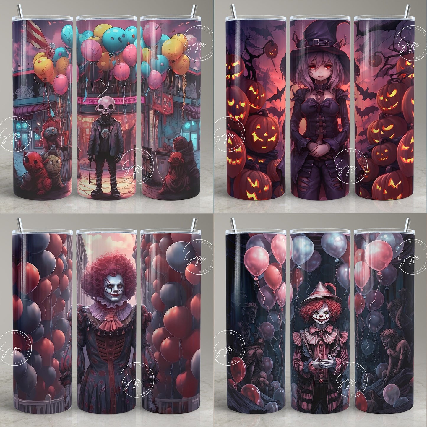 24 Halloween Tumbler Wrap Bundle, 20 oz Skinny Tumbler Designs, Seamless Sublimation Design PNG, Clown, Spooky, Creepy, Digital Download