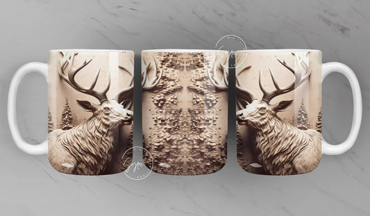 3D Elk Mug, Brown Deer Mug Wrap, Deer Mug Design, 3D Forest Mug, 3D Mural Mug, 11 & 15 Oz Mug Sublimation Wrap, Digital Download